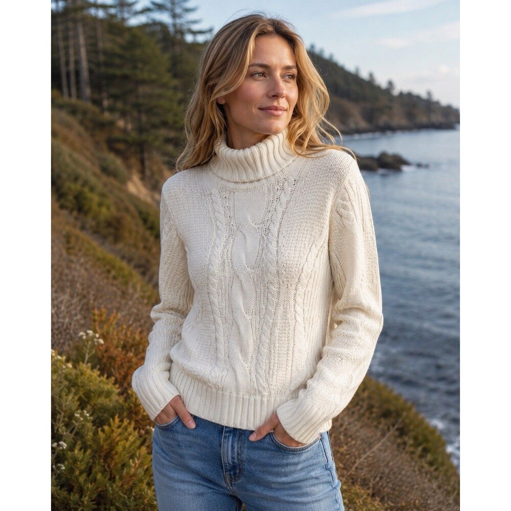 Lands’end‎ Cream Turtleneck Cableknit Fisherman Aran Sweater Cotton Coastal L